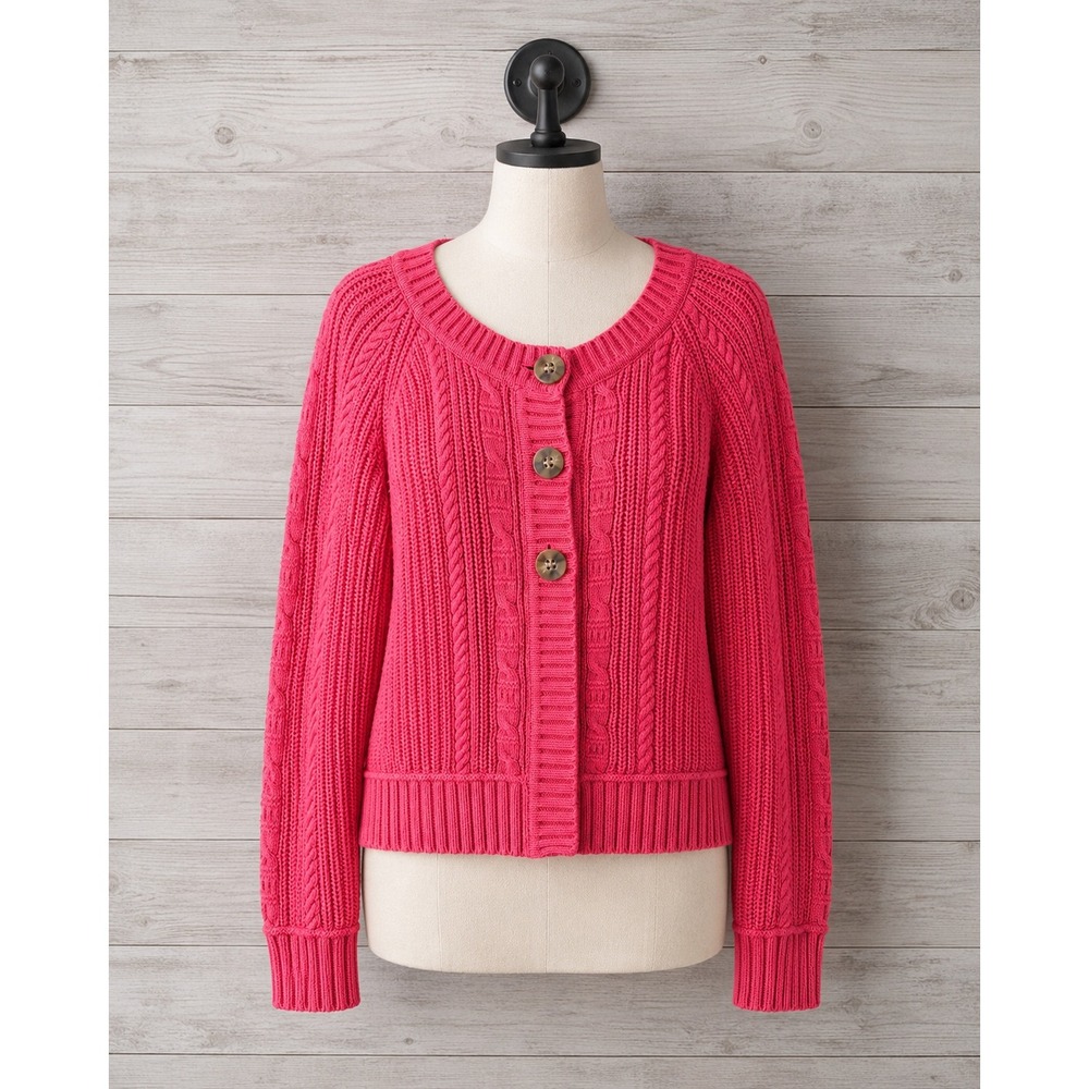 Eddie Bauer Cardigan Size XL Pink Cable Knit Cotton 3 Button Front Sweater